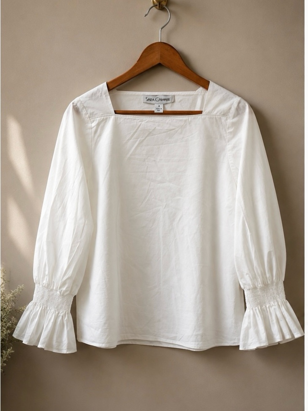Sara Campbell White Square-Neck Blouse with Smocked Ruffle Cuffs